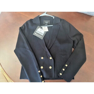 Aleeza Paris Short Black Gold Buttons Luxury Knit Blazer Size Large MSRP $175